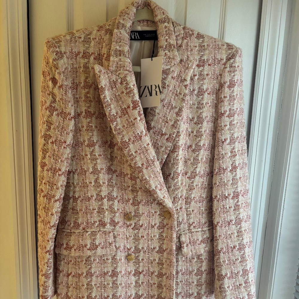 Zara NWT  Tweed Large  Blazer Double Breasted Pink, Sparkly red, Cream and Gold